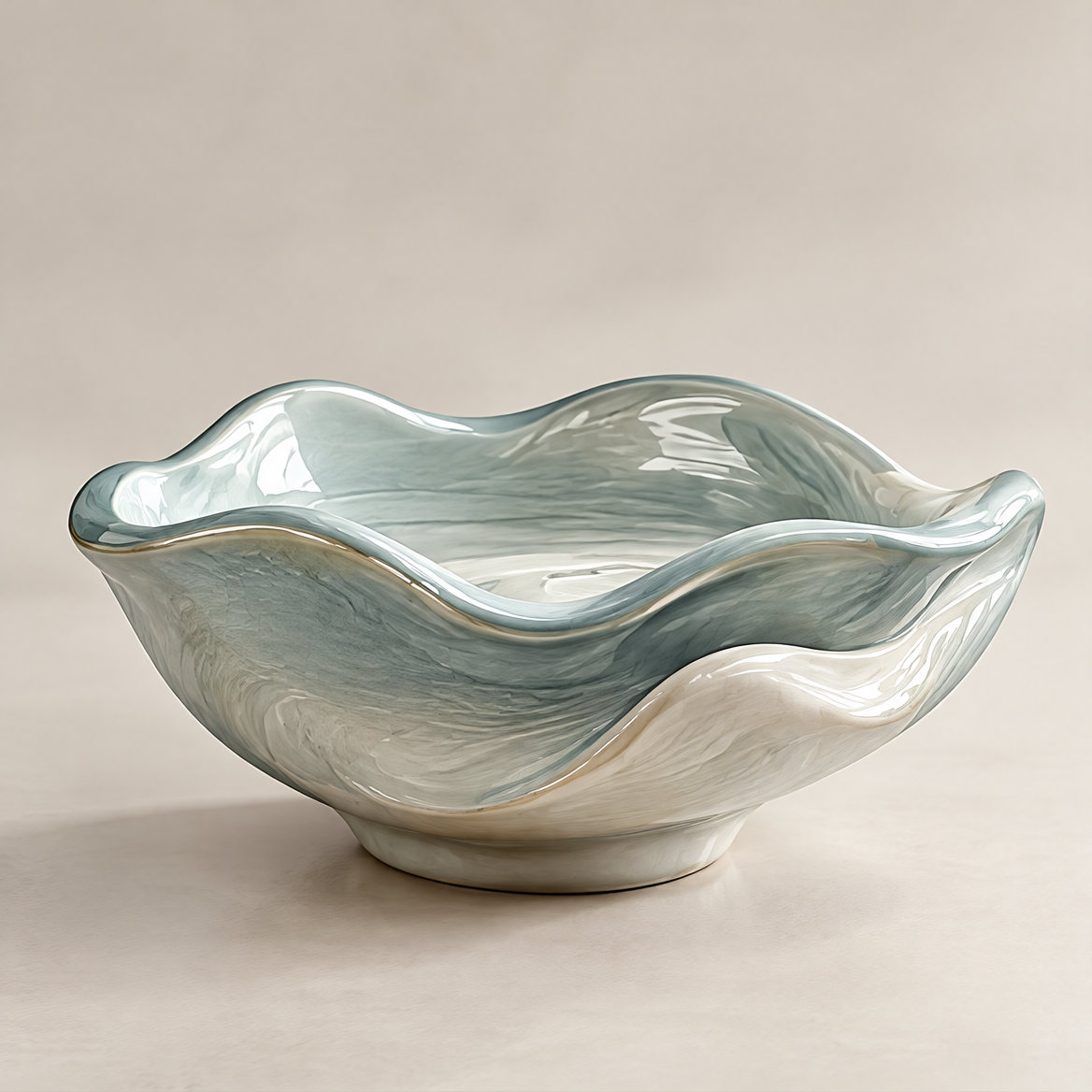 Timeless Quality – side view of wave ceramic bowl showing blue-white swirl glaze and flowing form