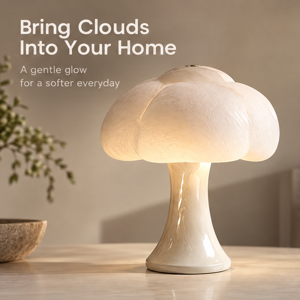 Bring Clouds Into Your Home – cloud mushroom lamp lit on warm wood console with plant, a gentle glow for a softer everyday