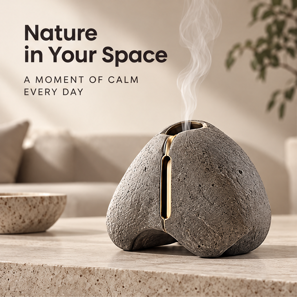 A Softer Home Atmosphere – stone incense diffuser on stone steps with smoke rising, fragrance fills life beautifully