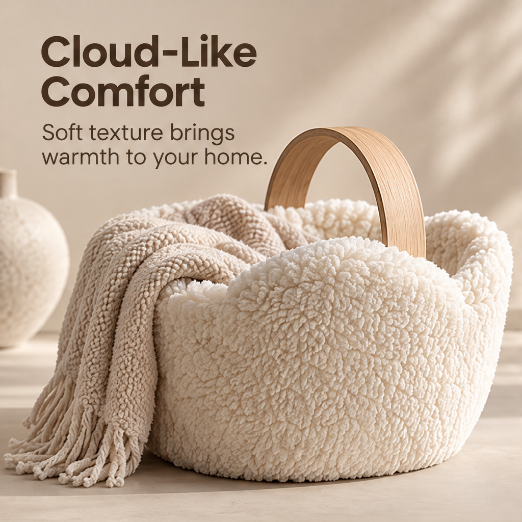 Clean product shot – Cloud-Form Boucle Storage Basket on neutral surface, cream boucle cloud-shaped basket with natural wood arch handle