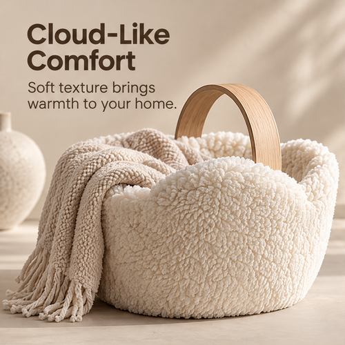 Clean product shot – Cloud-Form Boucle Storage Basket on neutral surface, cream boucle cloud-shaped basket with natural wood arch handle