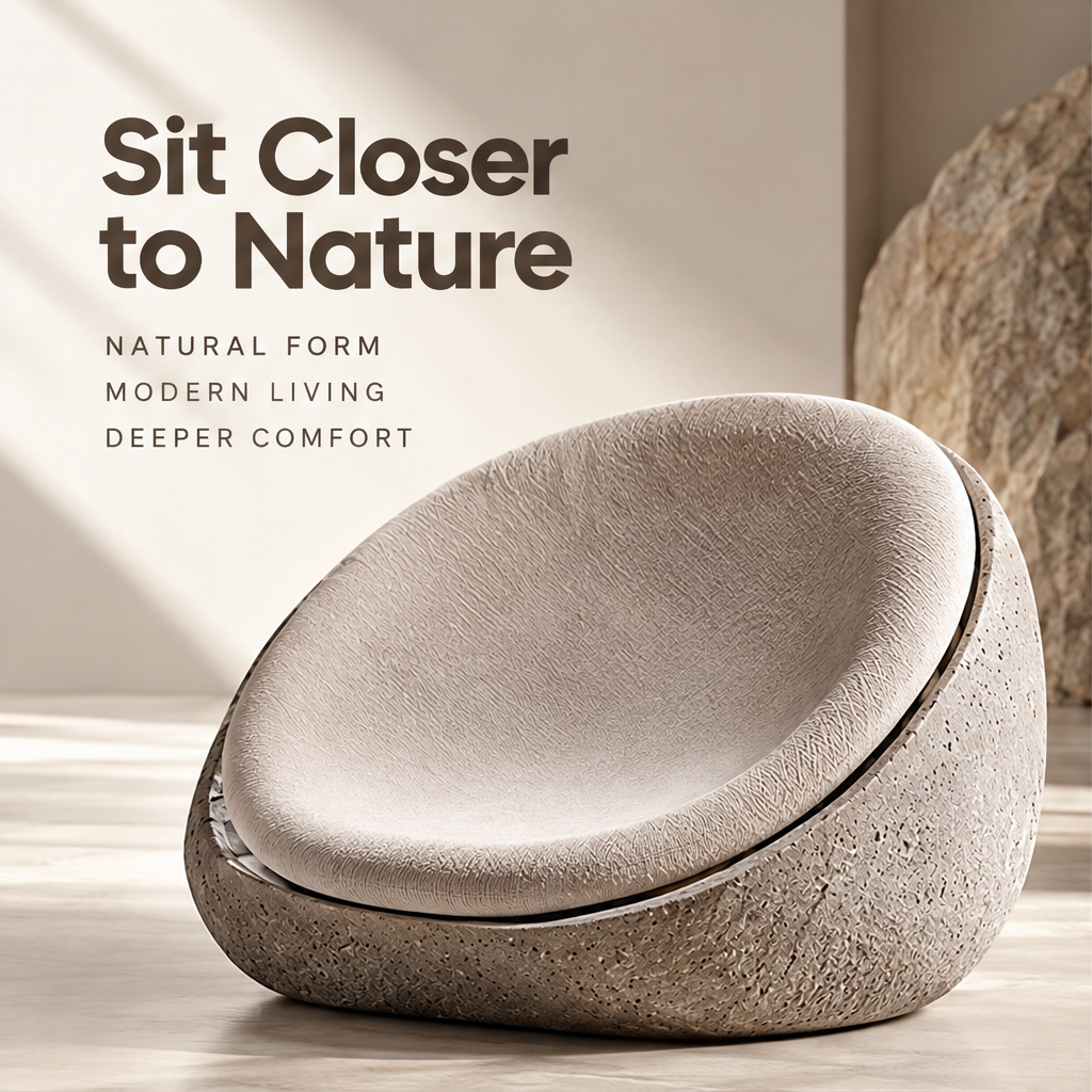 A More Grounded You – lounge chair front view, natural inspiration, everyday relaxation, a better way to be home