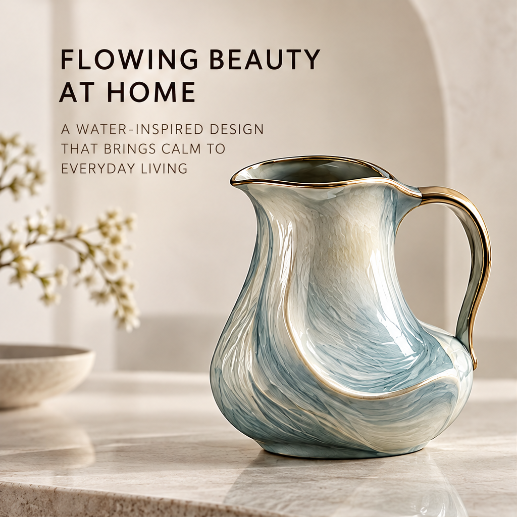 Clean product shot – Wave Ceramic Pitcher with gold rim on neutral background, full silhouette view