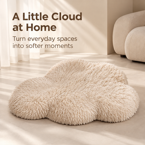 Clean product shot – Cloud-Form Fluffy Floor Mat on neutral linen surface, cream ultra-long pile cloud-shaped mat from above