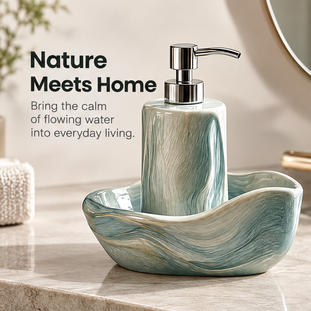 Clean product shot – Wave Ceramic Soap Dispenser Set with silver pump and wave tray on neutral background