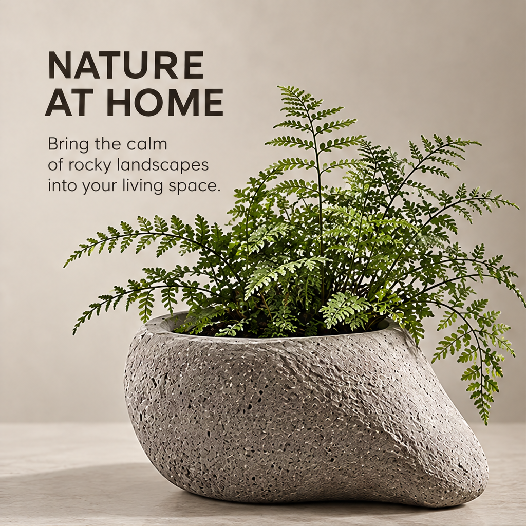 Clean product shot – Stone-Form Sculptural Planter on neutral background with fern, asymmetric tilted opening and porous grey stone texture
