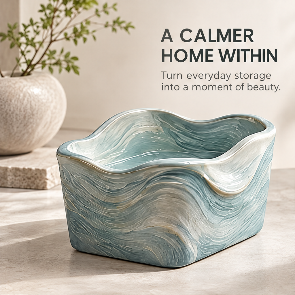 Clean product shot – Wave Ceramic Storage Organizer Box on neutral background, full silhouette view