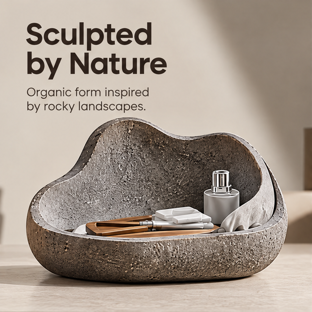 Clean product shot – Stone-Form Organic Catch-All Tray on neutral background, filled with everyday essentials, 45-degree angle view