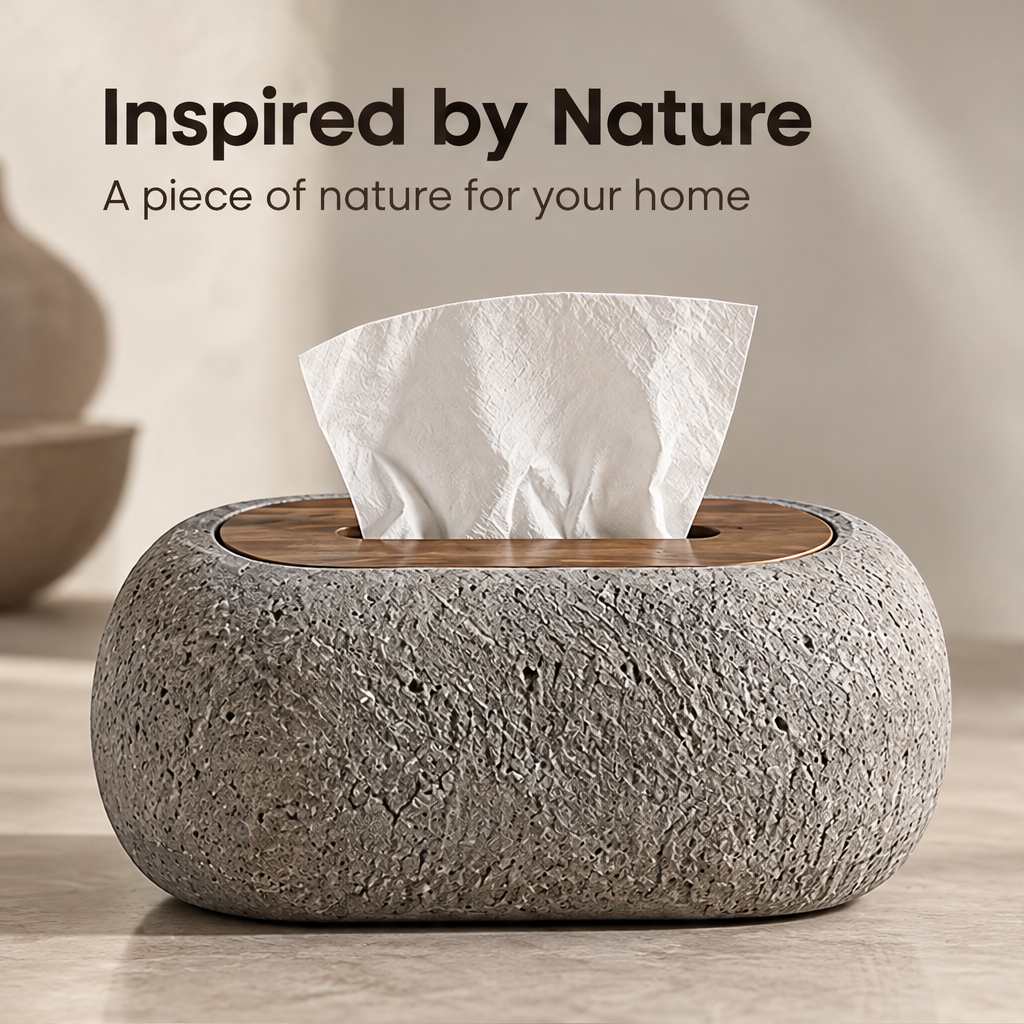 Clean product shot – Stone-Form Tissue Box Cover on neutral background, porous grey stone body with warm walnut wood lid