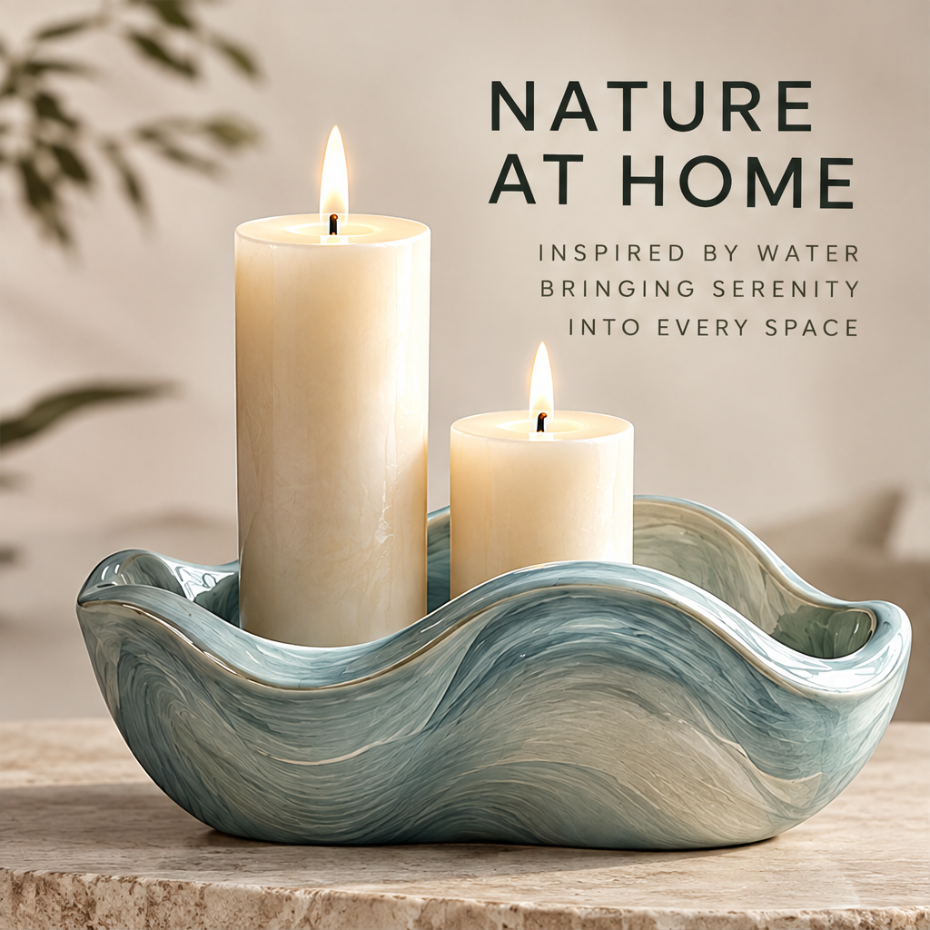 Clean product shot – Wave Ceramic Candle Holder Tray with two lit pillar candles on neutral background