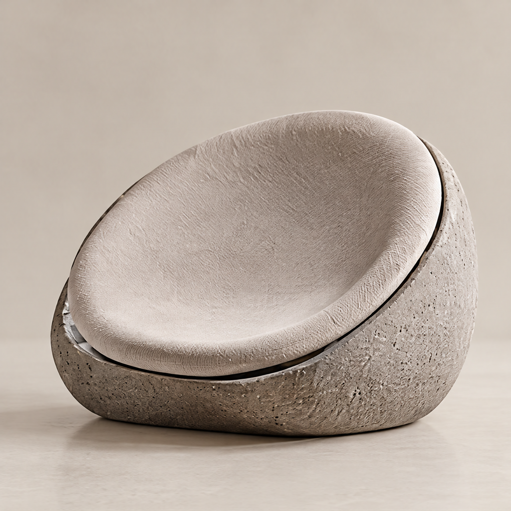 Clean product shot – Stone-Form Sculptural Lounge Chair on neutral background, 45-degree angle showing pebble silhouette and dual-texture contrast