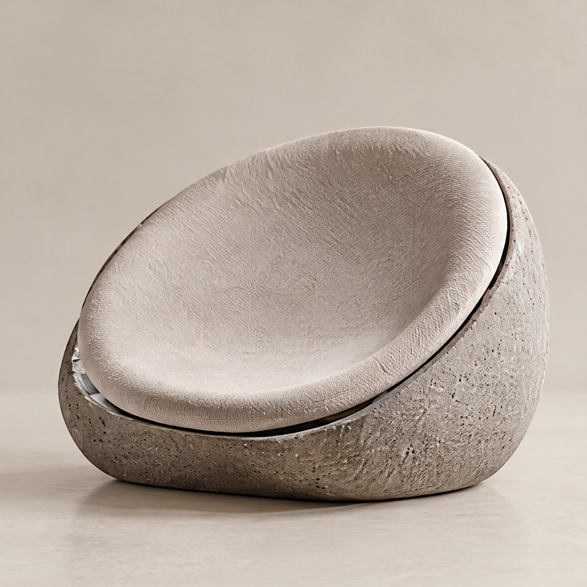 Clean product shot – Stone-Form Sculptural Lounge Chair on neutral background, 45-degree angle showing pebble silhouette and dual-texture contrast