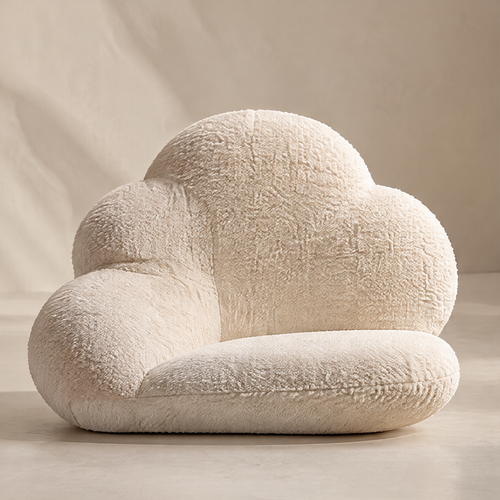 Clean product shot – Cloud-Form Boucle Lounge Chair on neutral linen background, cream boucle fabric with cloud-shaped multi-bubble silhouette