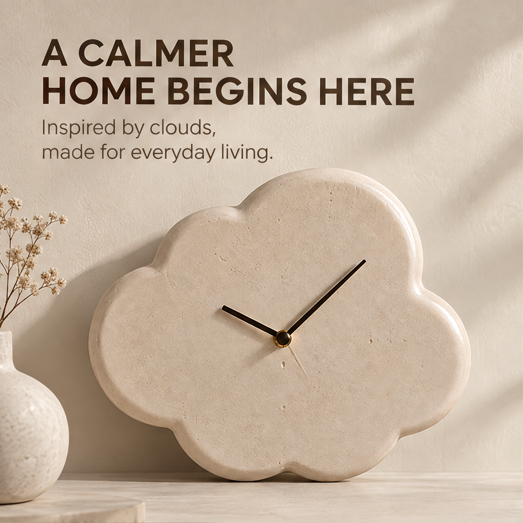 Clean product shot – Cloud-Form Stone Wall Clock leaning on neutral surface, cream stone-textured cloud silhouette with slim black hands and gold centre