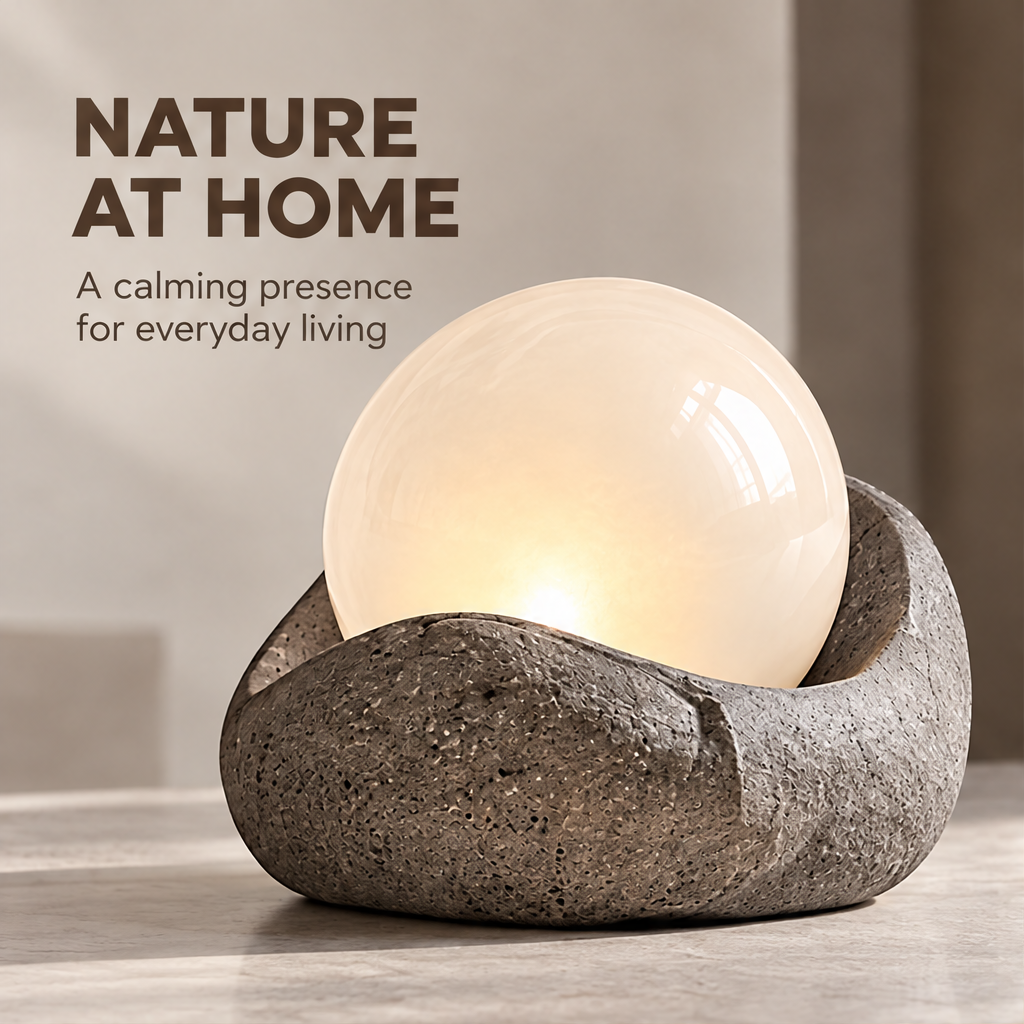 A More Meaningful Space – stone globe lamp glowing on coffee table in warm living room, where natural design meets everyday comfort