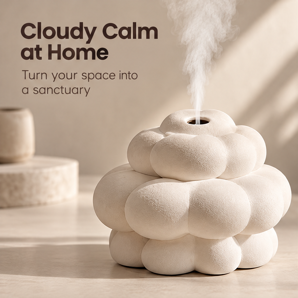 A More Mindful Everyday – cloud diffuser misting on wooden console beside boucle sofa, fragrance balance and beauty in harmony