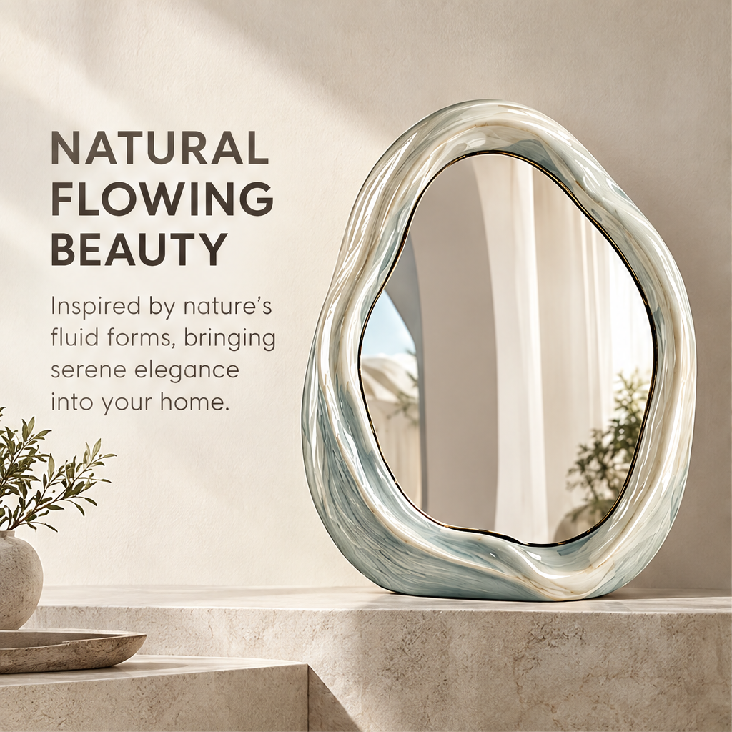 Clean product shot – Organic Wave Ceramic Mirror freestanding on neutral background, full silhouette view