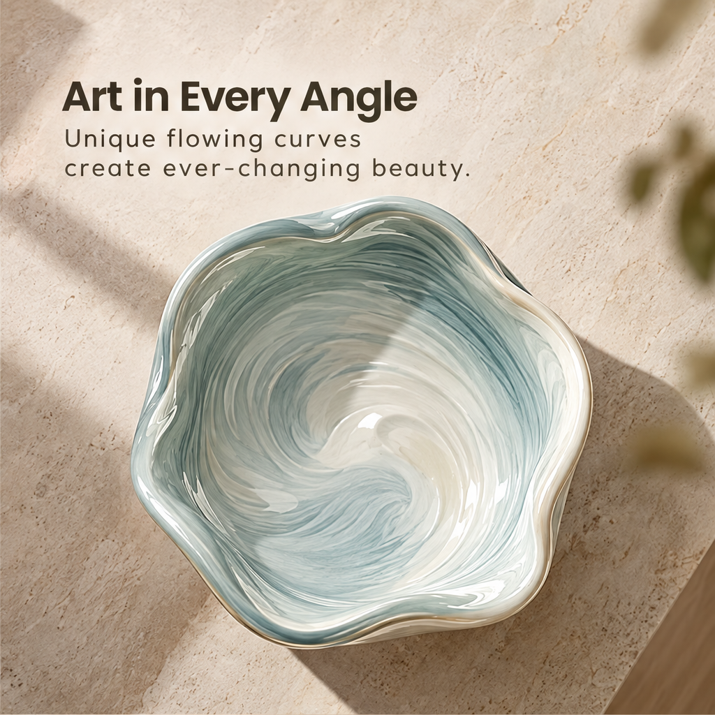 Clean product shot – wave ceramic bowl with pearl glaze on neutral background