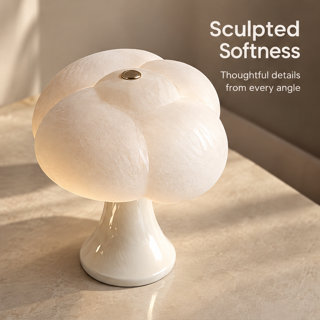 Sculpted Softness – side angle of cloud lamp on stone surface showing multi-bubble shade and glossy ceramic stem, thoughtful details from every angle