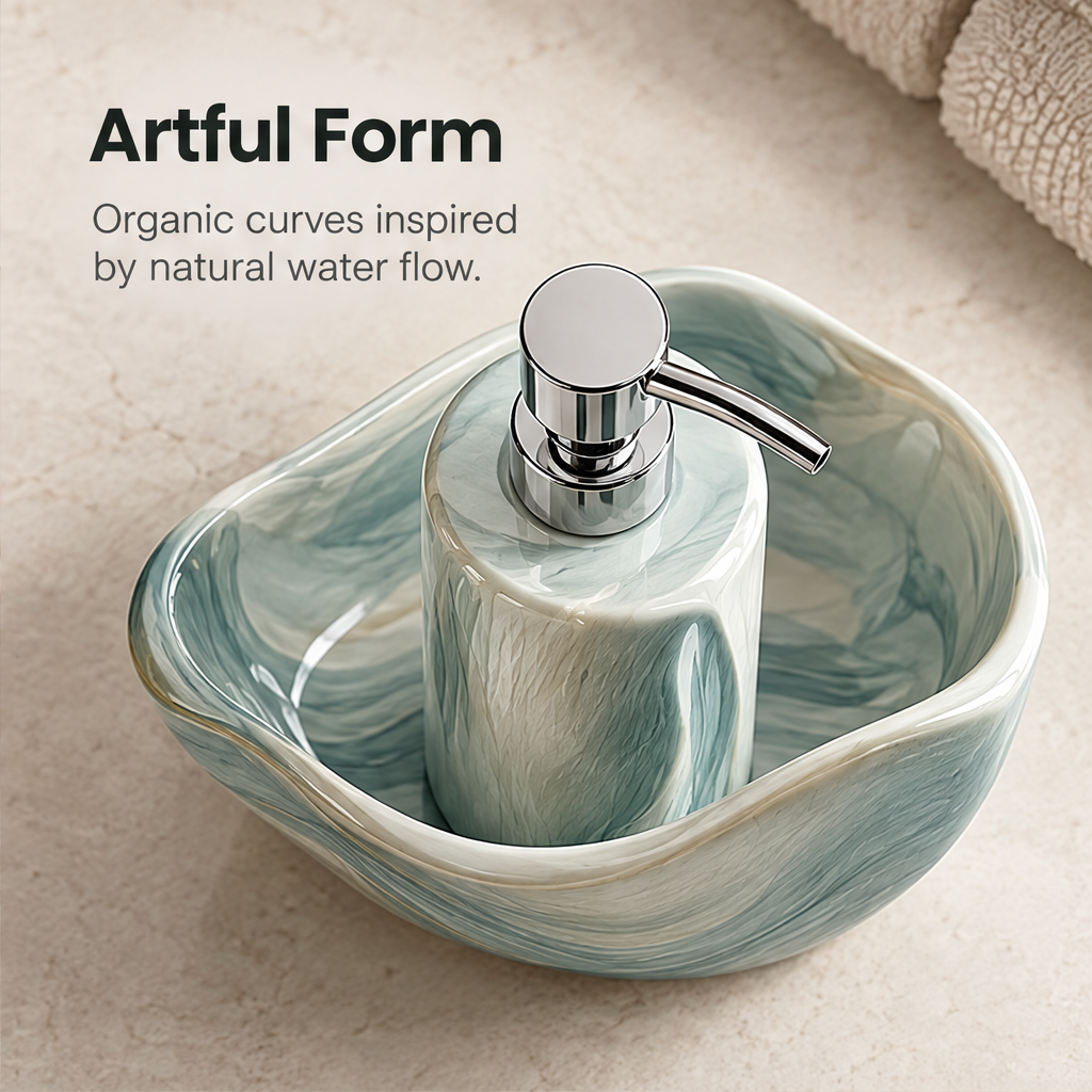 Nature Meets Home – wave ceramic soap dispenser on marble bathroom counter, bringing calm of flowing water into everyday living