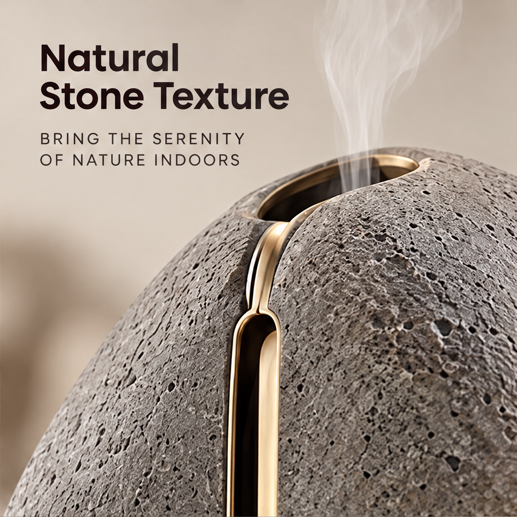 Nature in Your Space – stone incense diffuser on terrazzo counter with smoke, a moment of calm every day