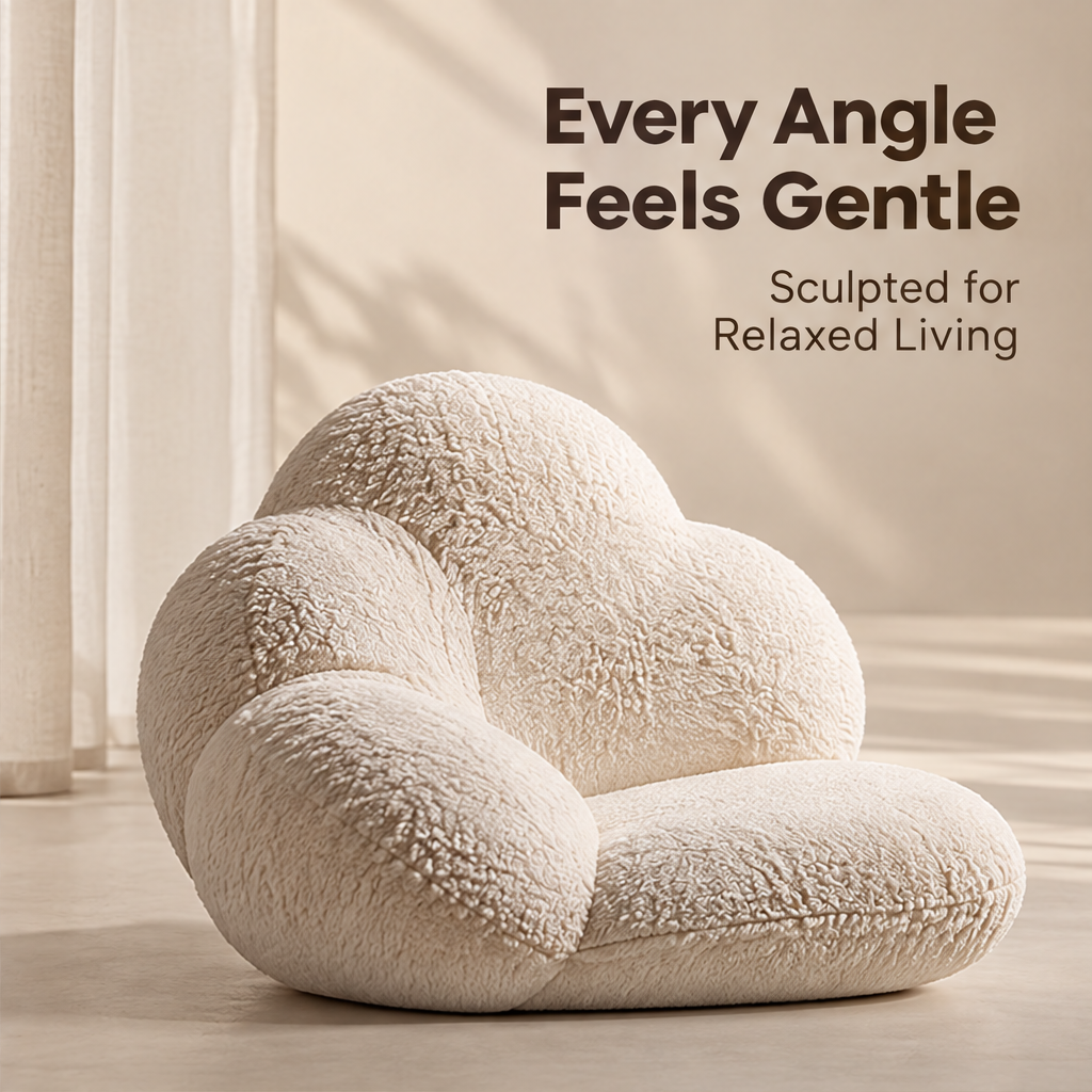 A Calmer Home Atmosphere – cloud chair in warm living room with vase and dried botanicals, brings warmth to any space
