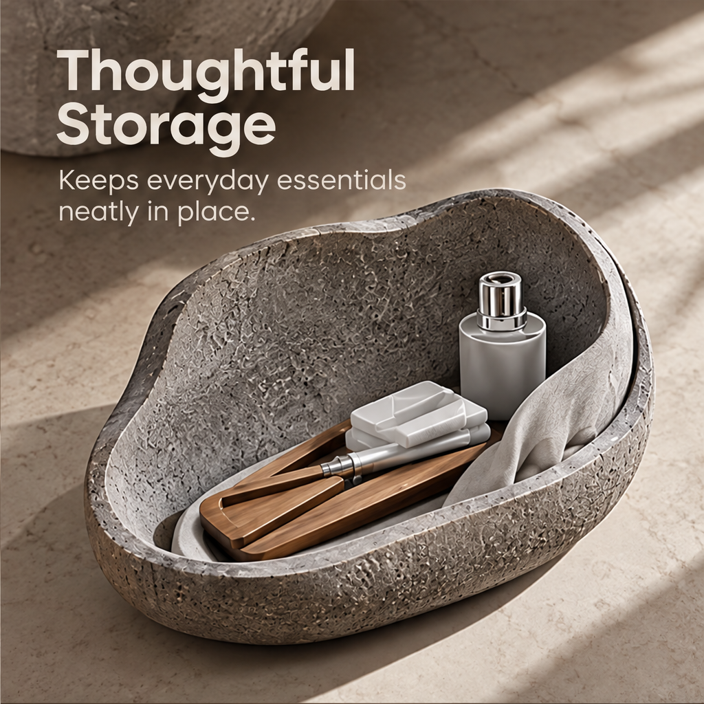 Sculpted by Nature – stone tray with items on warm wood surface, organic form inspired by rocky landscapes