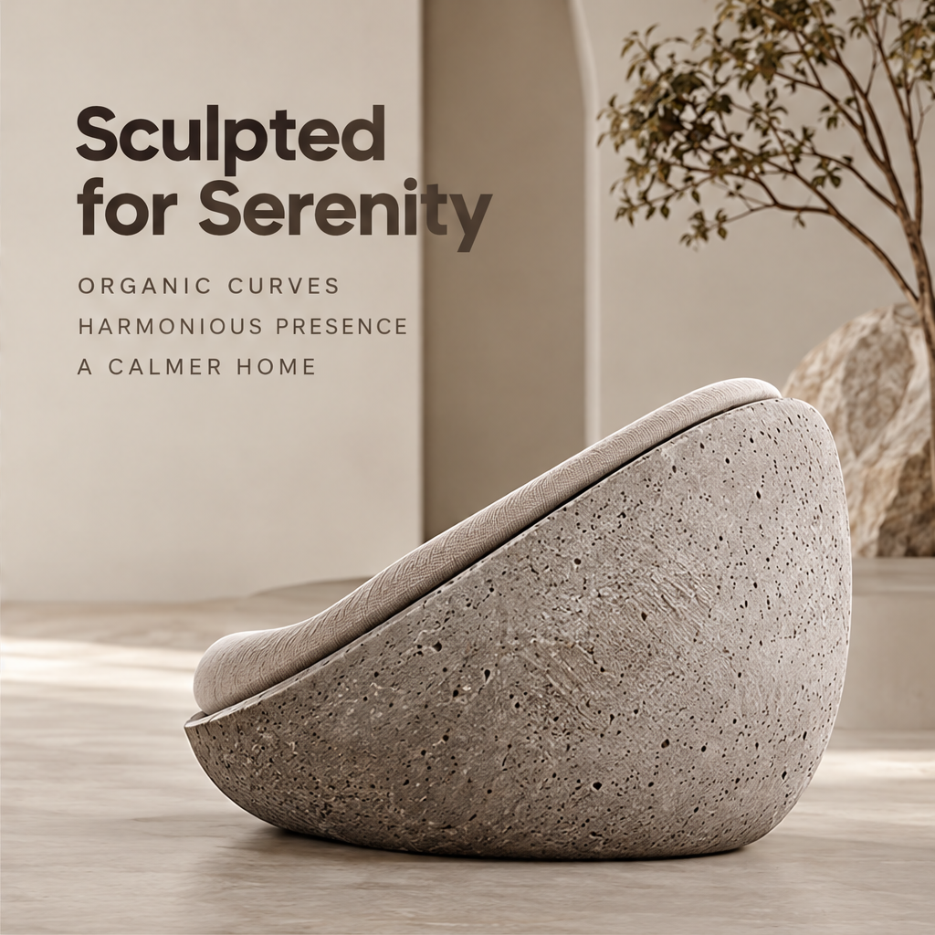 Sit Closer to Nature – lounge chair beside natural rock, natural form meets modern living for deeper comfort