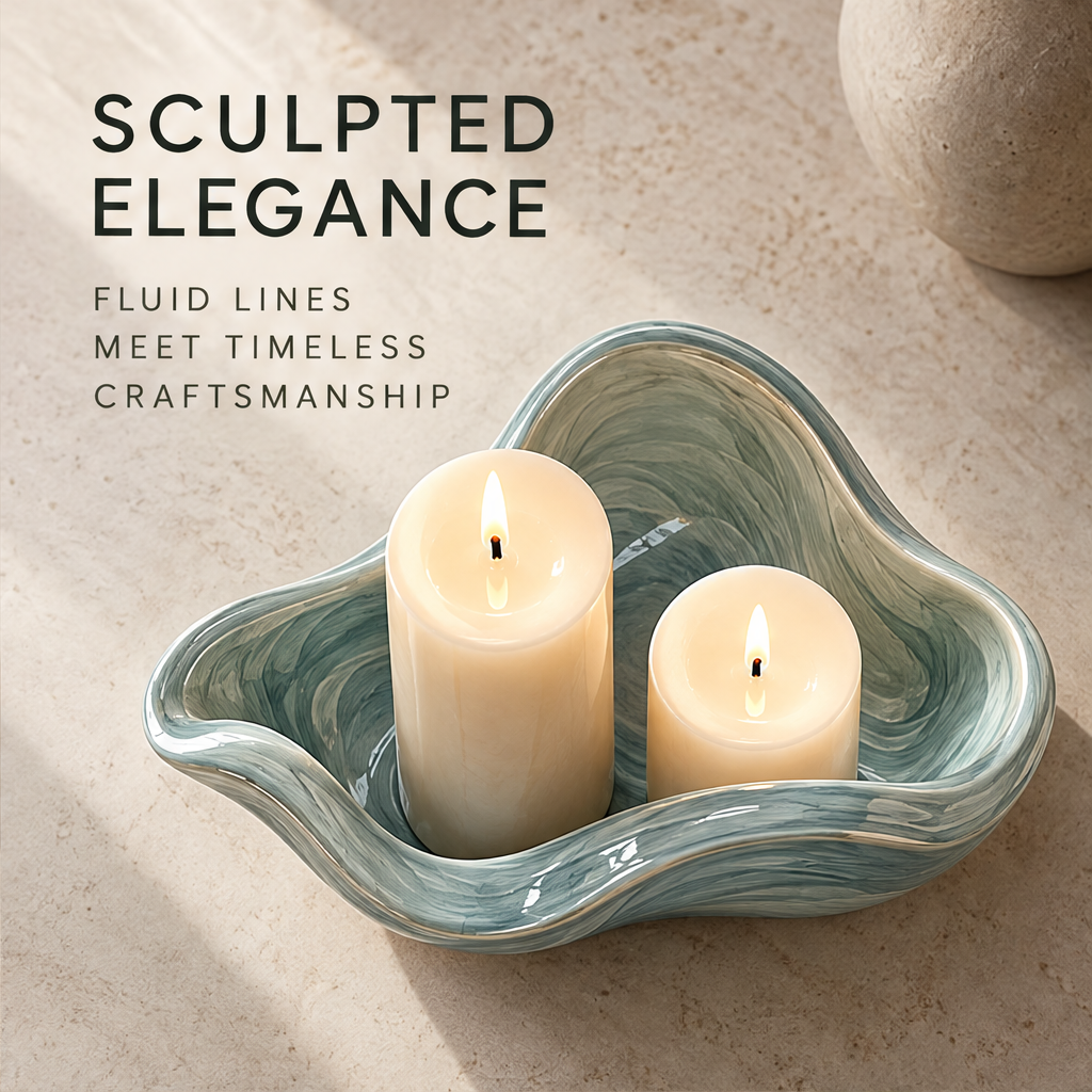 Nature at Home – wave ceramic candle tray with lit candles, inspired by water, bringing serenity into every space