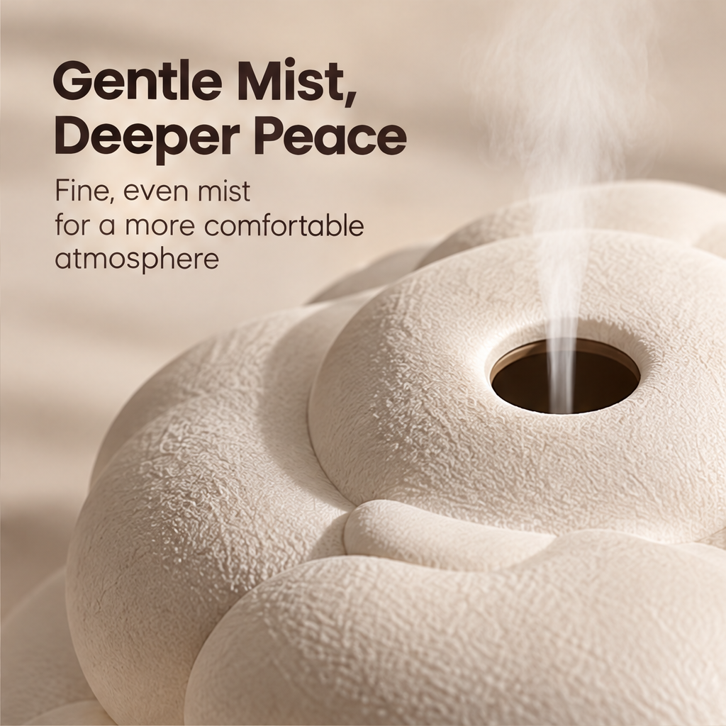 Cloudy Calm at Home – cloud diffuser with rising mist on stone surface in natural light, turn your space into a sanctuary