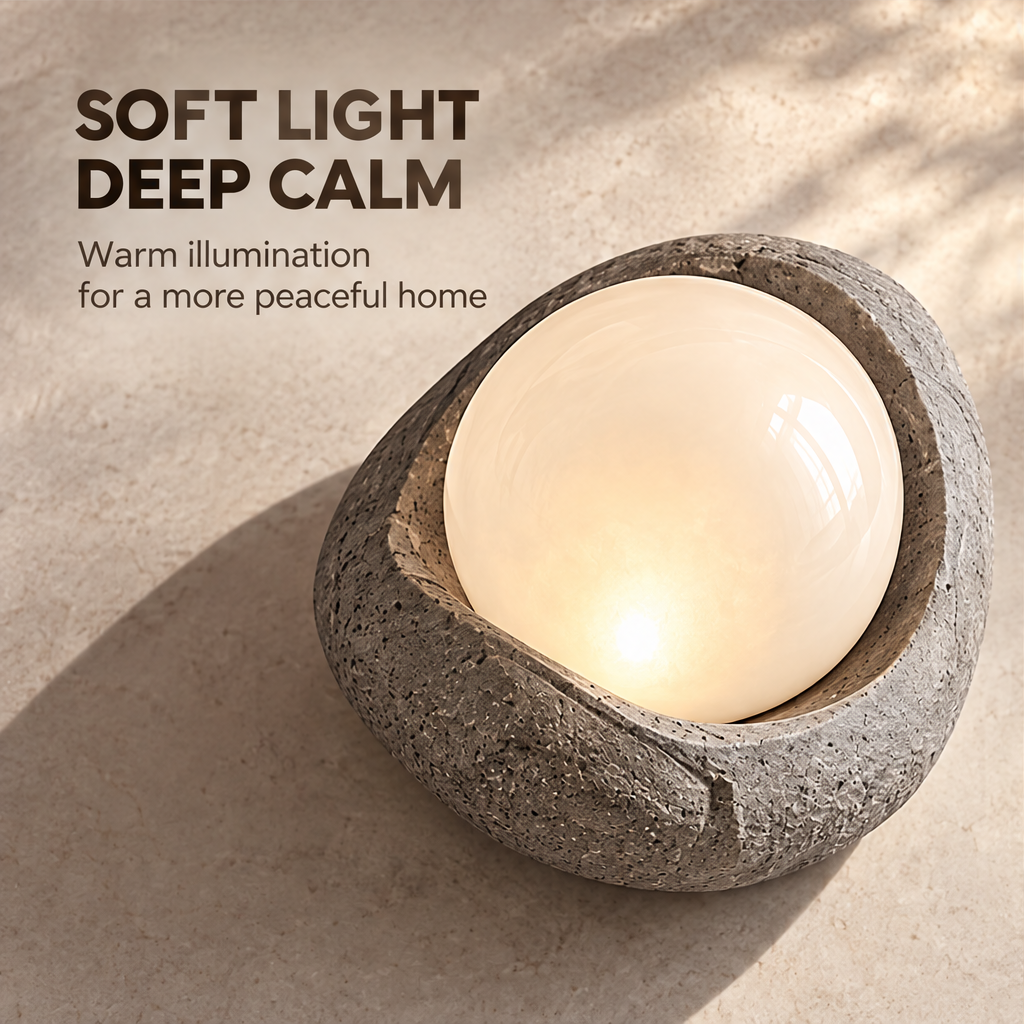 Sculpted by Nature – stone globe lamp beside natural rock on stone surface, organic form and timeless beauty