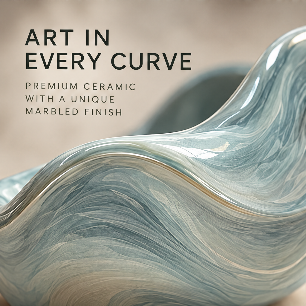 Sculpted Elegance – overhead view of wave ceramic tray with two candles, fluid lines meet timeless craftsmanship