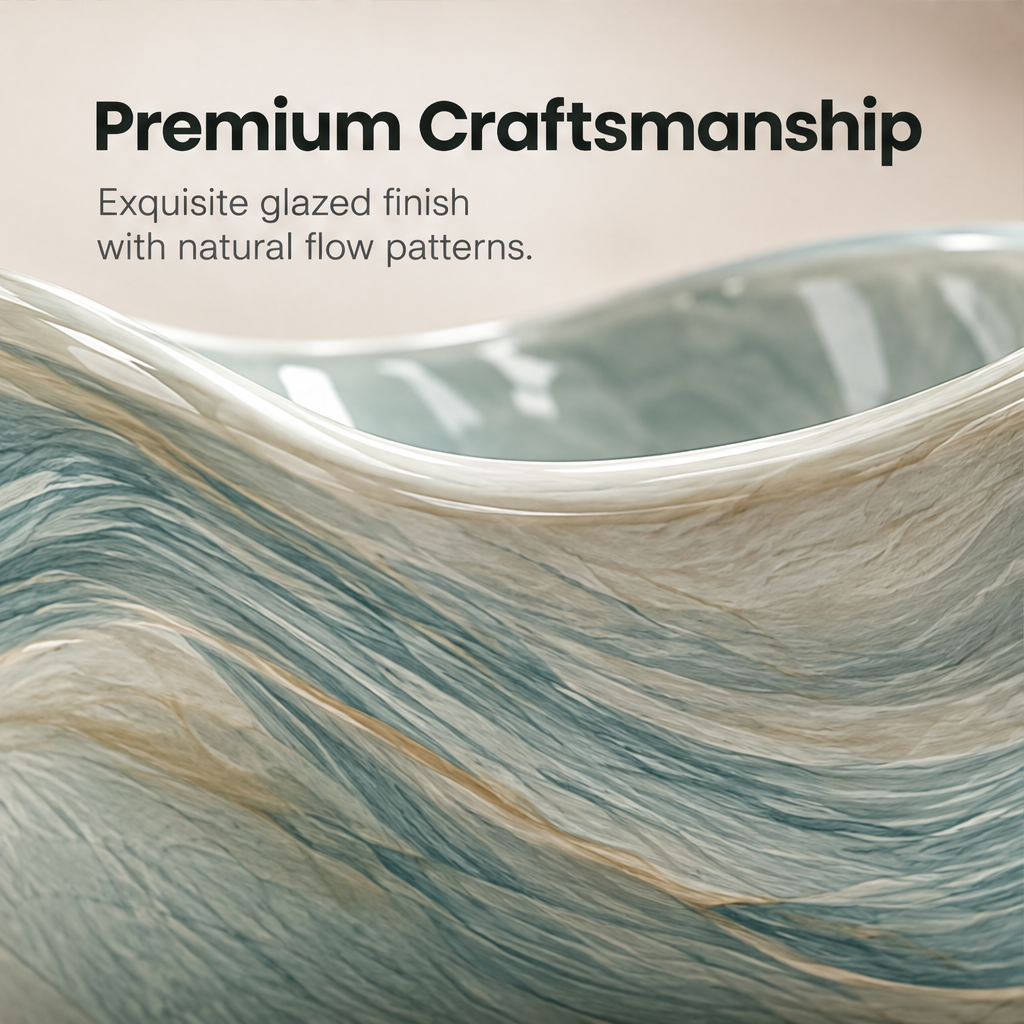 Artful Form – overhead view of wave ceramic soap dispenser in tray, organic curves inspired by natural water flow