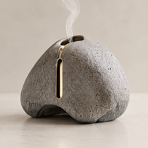 Natural Stone Texture – close-up of gold incense slot detail on porous grey stone surface, bring the serenity of nature indoors