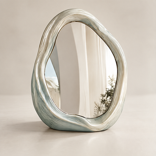 Natural Flowing Beauty – mirror on stone pedestal with natural light, inspired by nature’s fluid forms bringing serene elegance
