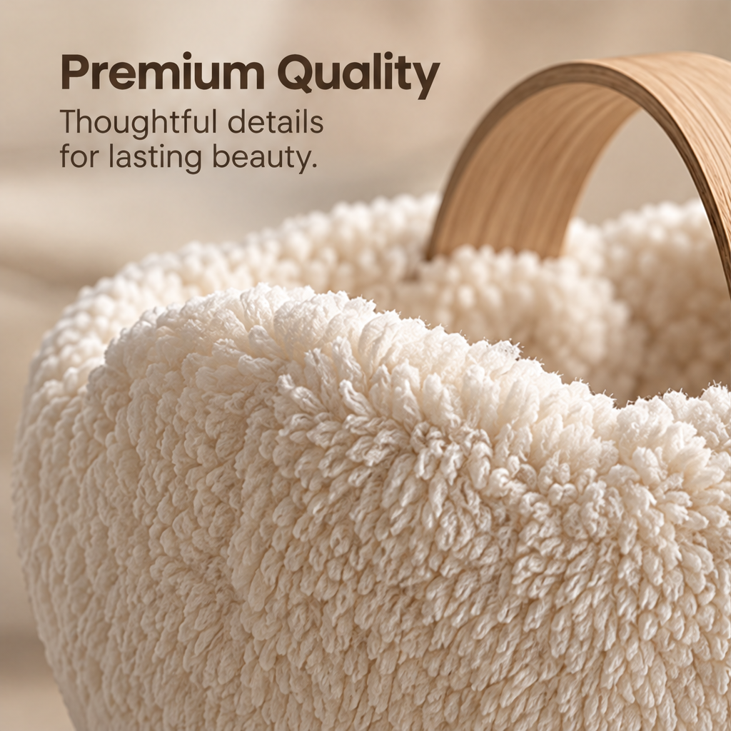 Spacious Design – top-down view of cloud basket interior showing boucle lining and wooden handle, plenty of room for everyday essentials