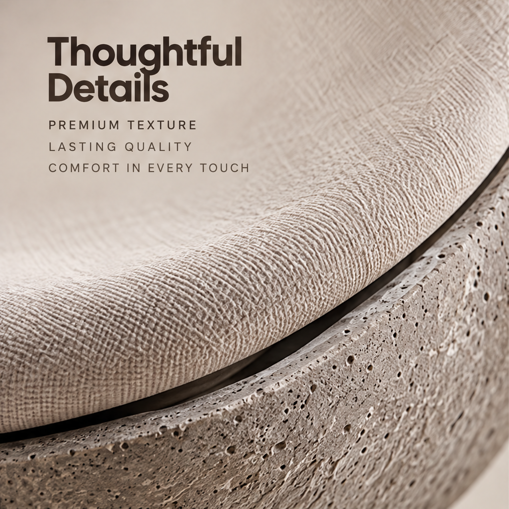 Sculpted for Serenity – rear view of lounge chair in Japanese-inspired interior with tree, organic curves, harmonious presence, a calmer home