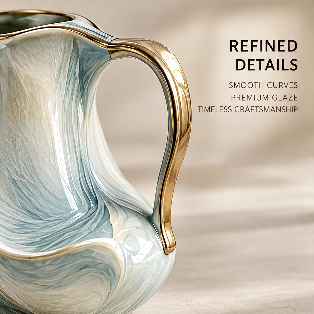 A Calmer Way of Living – pitcher styled on marble surface by ocean window with white flowers, inspired by nature