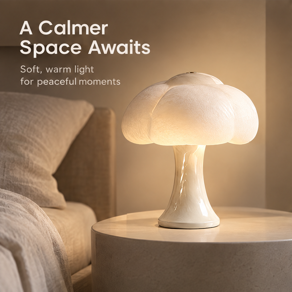 A Calmer Space Awaits – cloud lamp glowing on bedside table beside linen pillows, soft warm light for peaceful moments