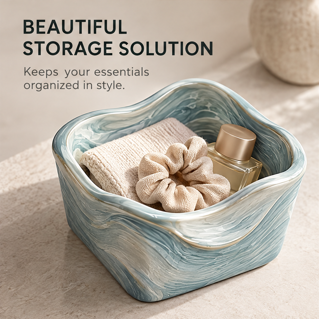 Beautiful Storage Solution – wave ceramic box holding scrunchie, towel and perfume, keeps essentials organized in style