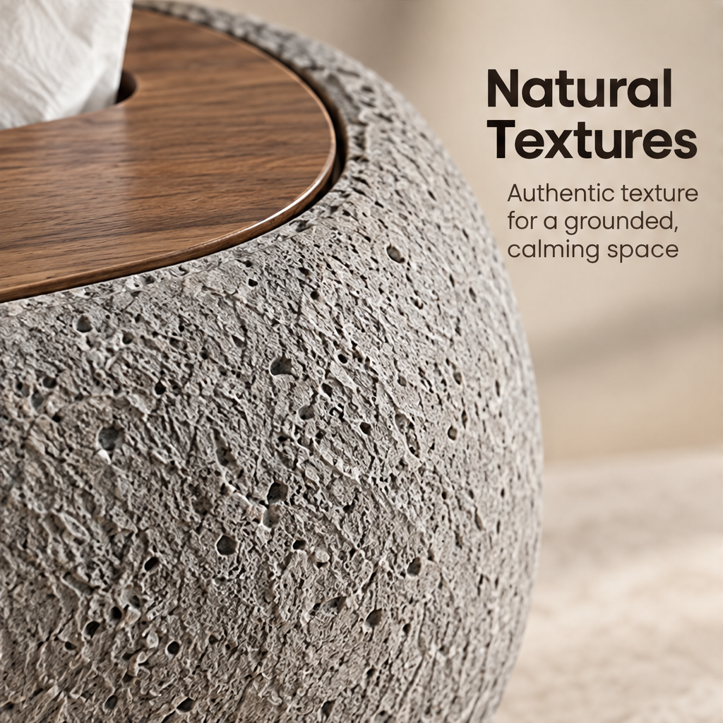 Sculpted for Every Angle – stone tissue box on stone ledge with wood panel backdrop, refined form and timeless presence