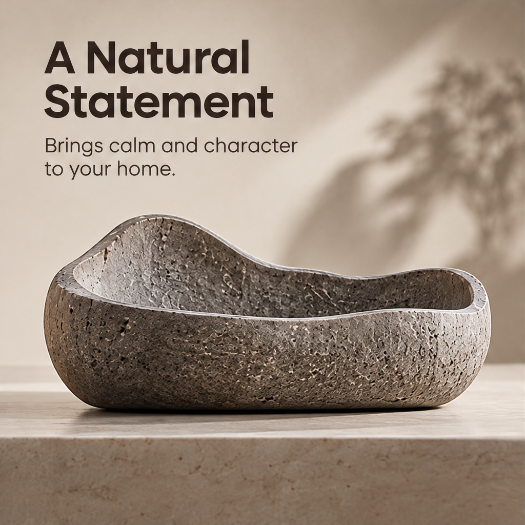 Thoughtful Storage – overhead view of stone catch-all tray holding perfume, pen and accessories, keeps everyday essentials neatly in place