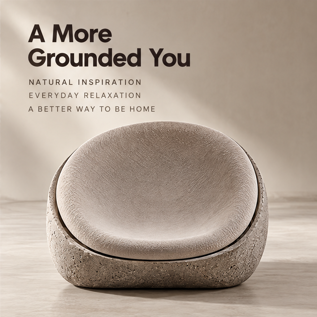 Thoughtful Details – close-up of premium woven fabric seat and porous stone-texture base, lasting quality, comfort in every touch