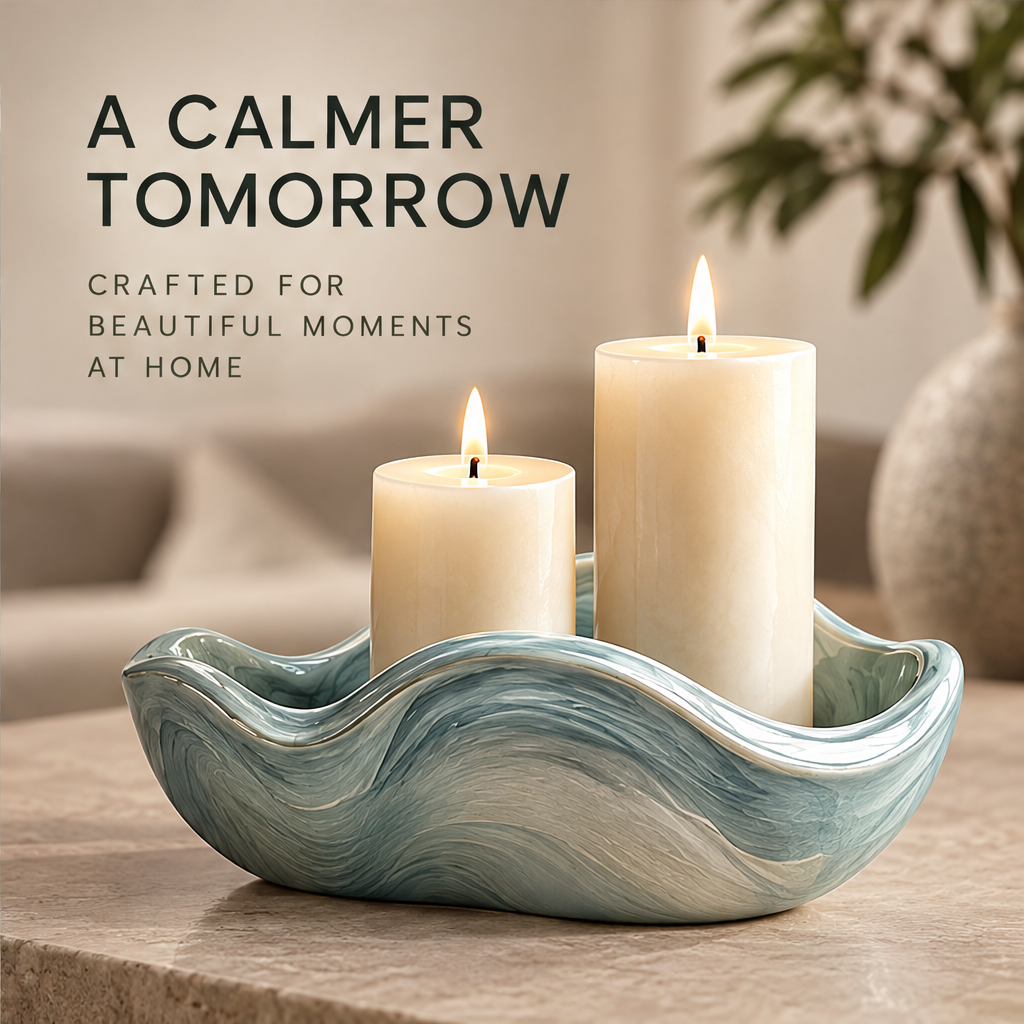 A Calmer Tomorrow – wave candle tray with two lit candles on coffee table in cosy living room setting