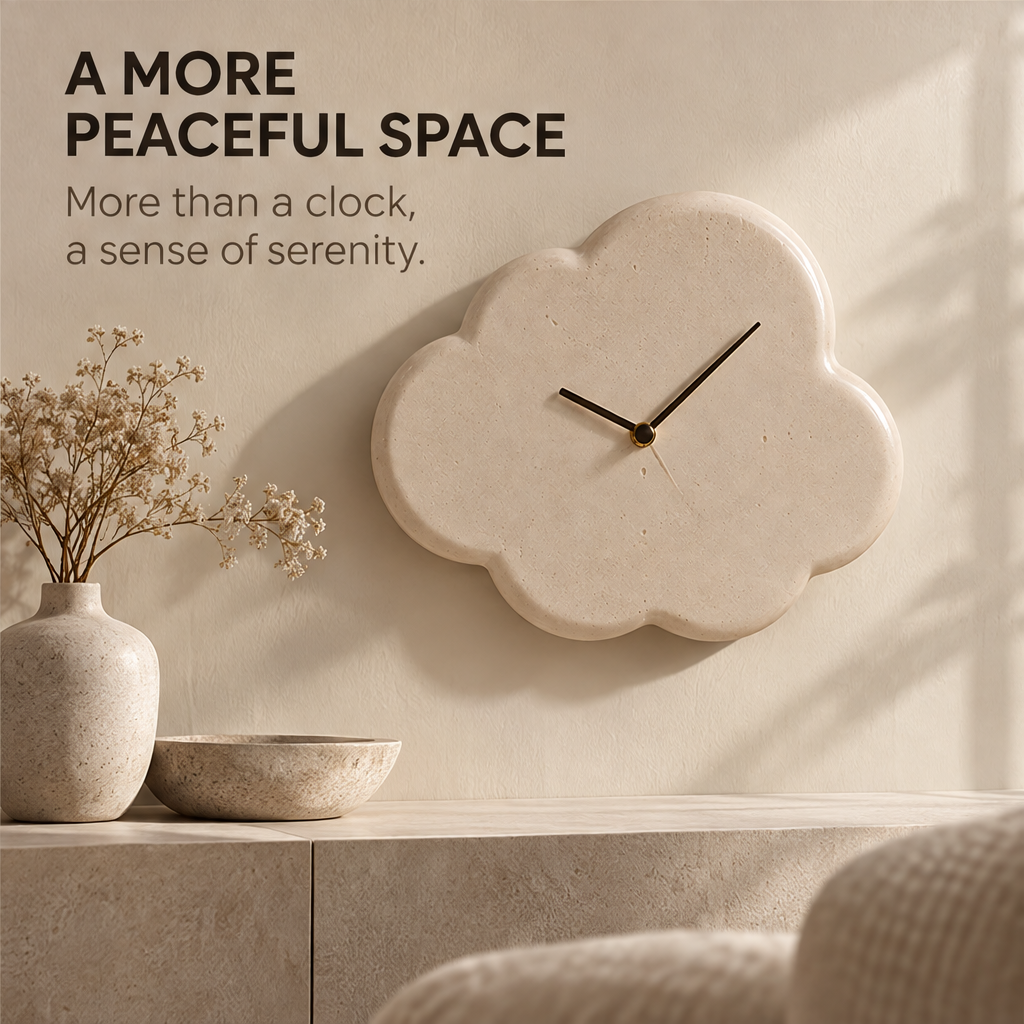 A More Peaceful Space – cloud clock mounted on wall above console with vase and bowl, more than a clock a sense of serenity