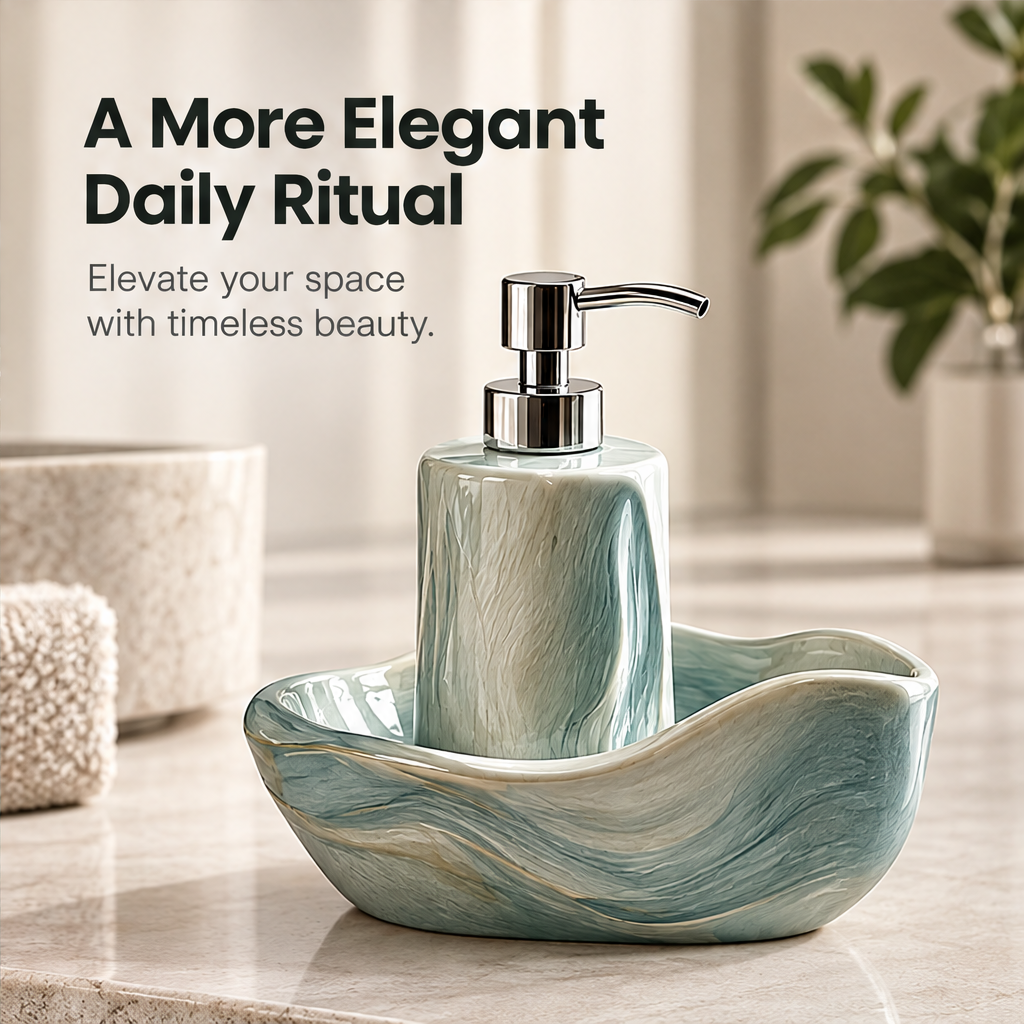A More Elegant Daily Ritual – wave soap dispenser set styled on bathroom vanity, elevate your space with timeless beauty