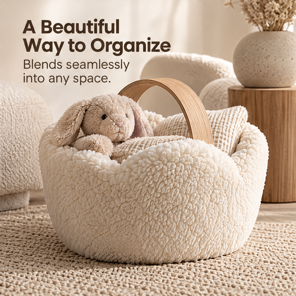 A Beautiful Way to Organize – cloud basket in living room holding plush bunny and waffle blanket beside boucle sofa, blends seamlessly into any space