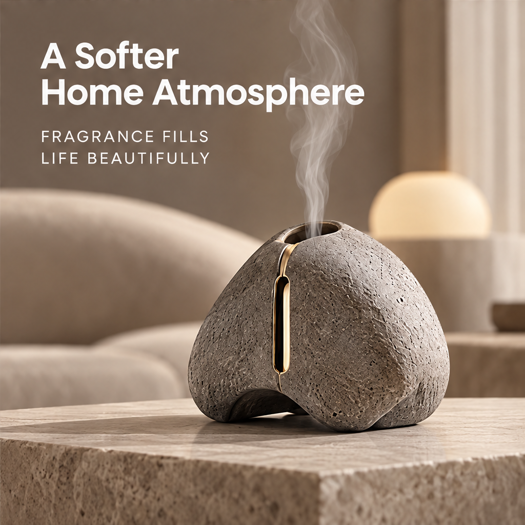 Clean product shot – Stone-Form Incense Diffuser on neutral background with rising smoke, dark grey porous stone body with gold incense slot detail