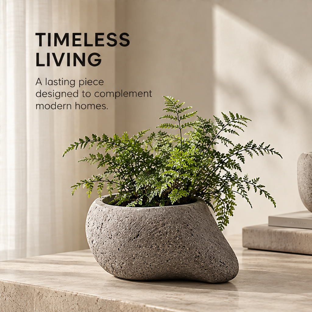 Timeless Living – stone planter with fern on marble console in modern interior, a lasting piece designed to complement modern homes