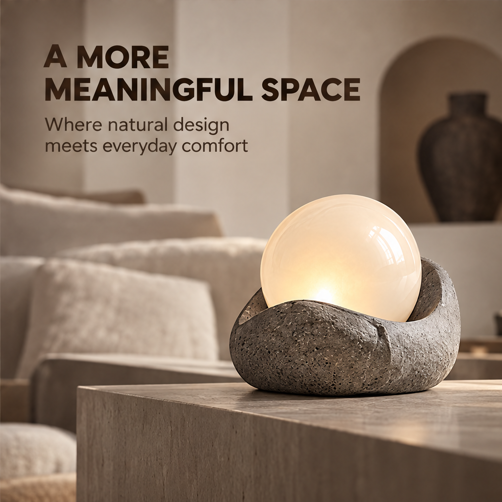 Soft Light Deep Calm – overhead view of stone globe lamp casting warm illumination for a more peaceful home
